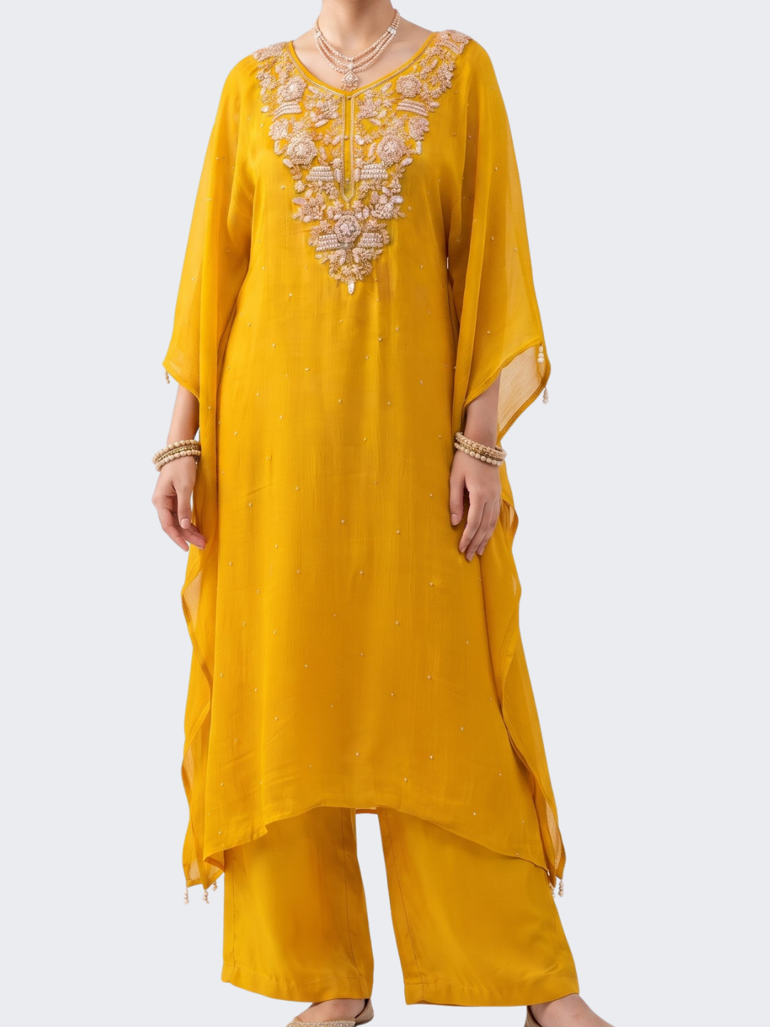 Suhij Yellow Chinon Indo Western with Cutdana, Sequins and Pearl Embroidery 2